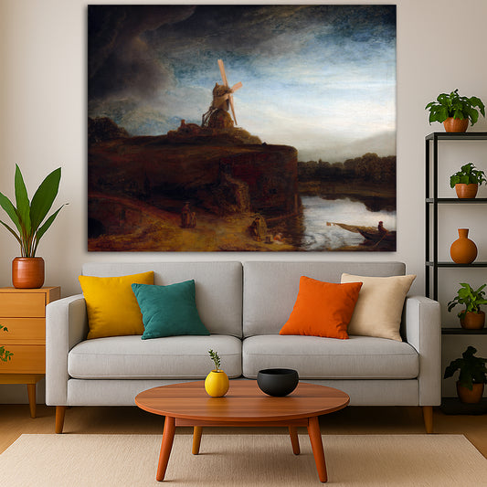 Rembrandt van Rijn - The Mill Giclée canvas print displayed in a modern living room interior