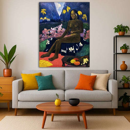 Paul Gauguin - Seed of the Areoi Giclée canvas print displayed in a modern living room interior