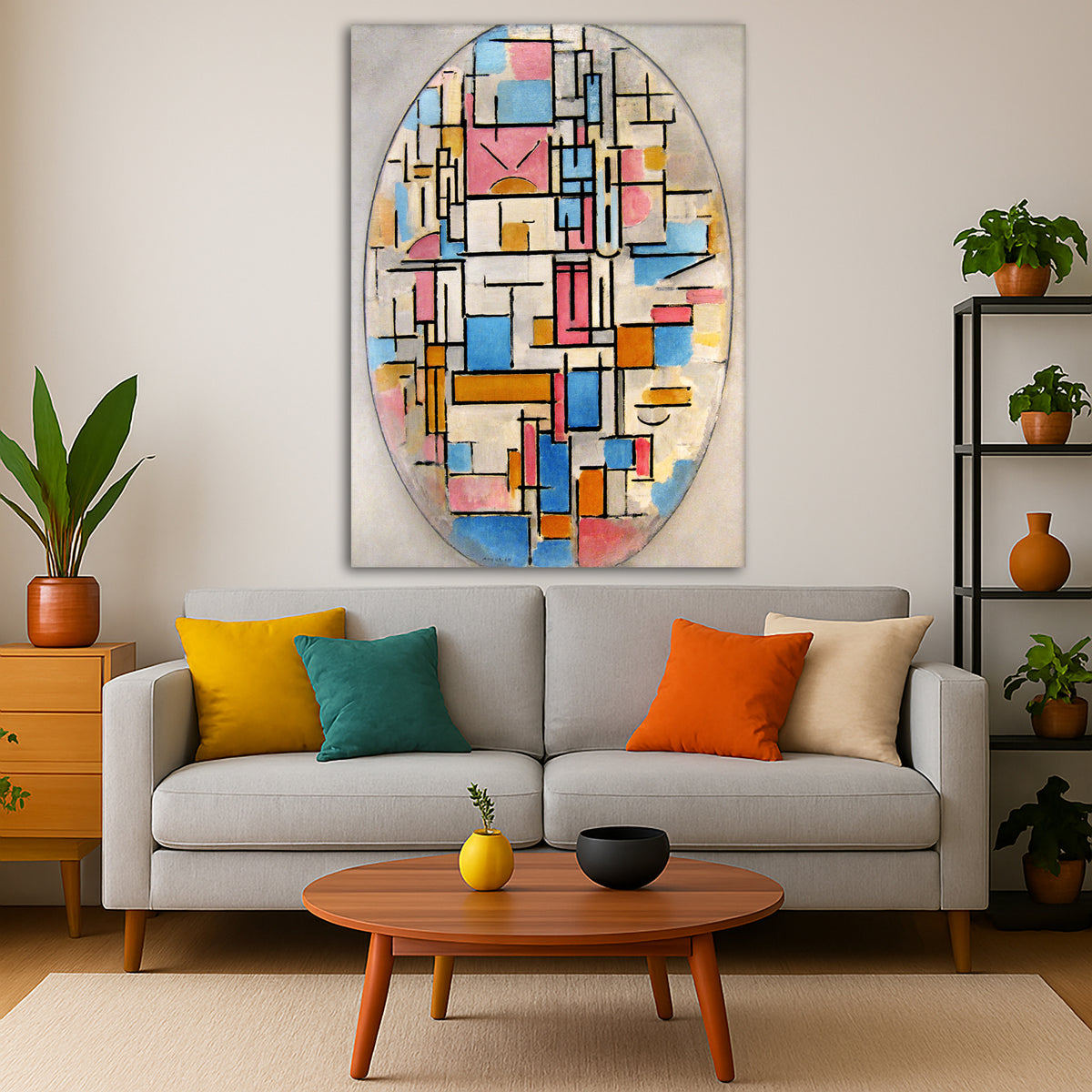 Piet Mondrian - Composition in Oval with Color Planes 1 Giclée canvas print displayed in a modern living room interior