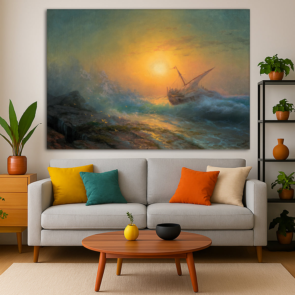 Ivan Aivazovsky - Stormy Sea at Sunset Giclée canvas print displayed in a modern living room interior