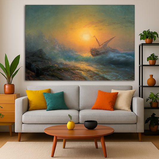 Ivan Aivazovsky - Stormy Sea at Sunset Giclée canvas print displayed in a modern living room interior