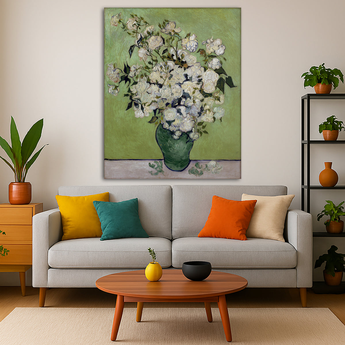Vincent van Gogh - White Roses Giclée canvas print displayed in a modern living room interior