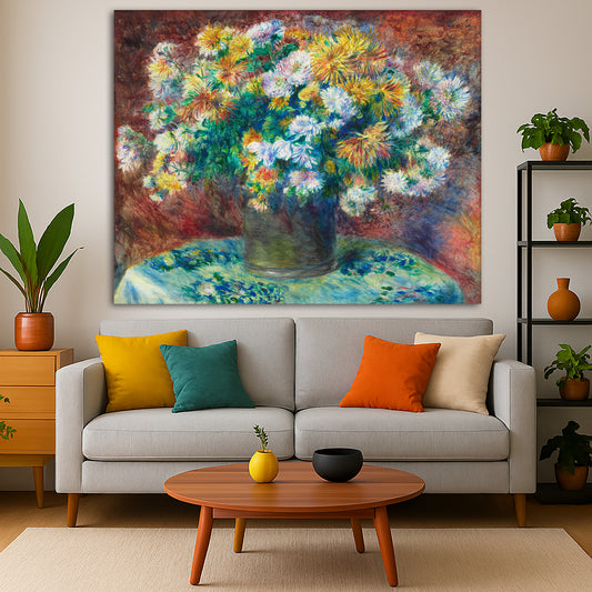 Pierre-Auguste Renoir - Chrysanthemums Giclée canvas print displayed in a modern living room interior