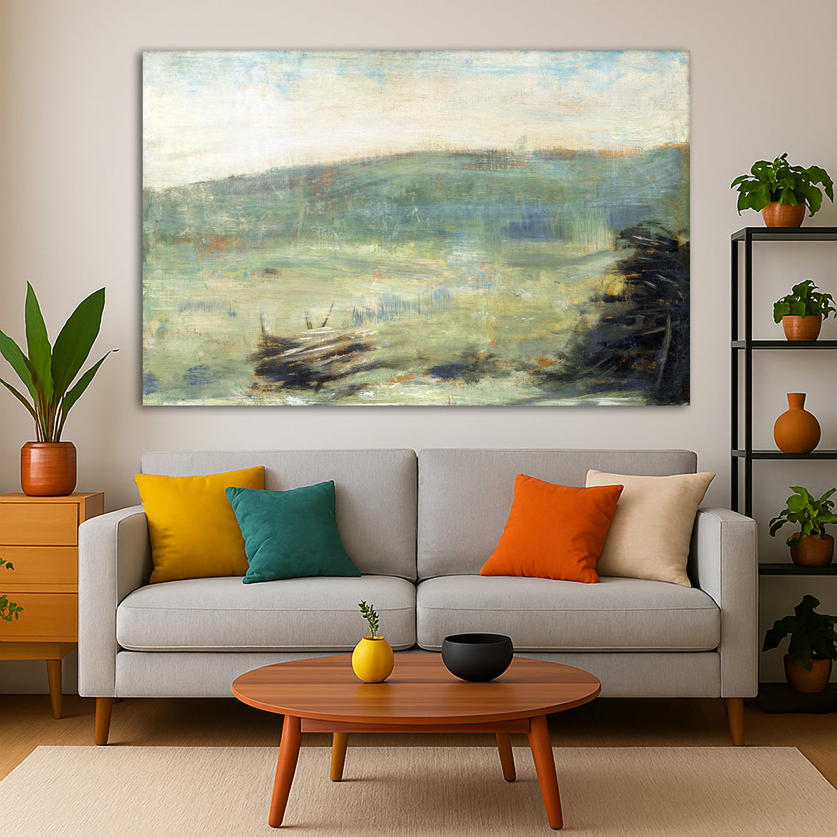 Georges Seurat - Landscape at Saint-Ouen Giclée canvas print displayed in a modern living room interior