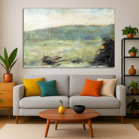 Georges Seurat - Landscape at Saint-Ouen Giclée canvas print displayed in a modern living room interior