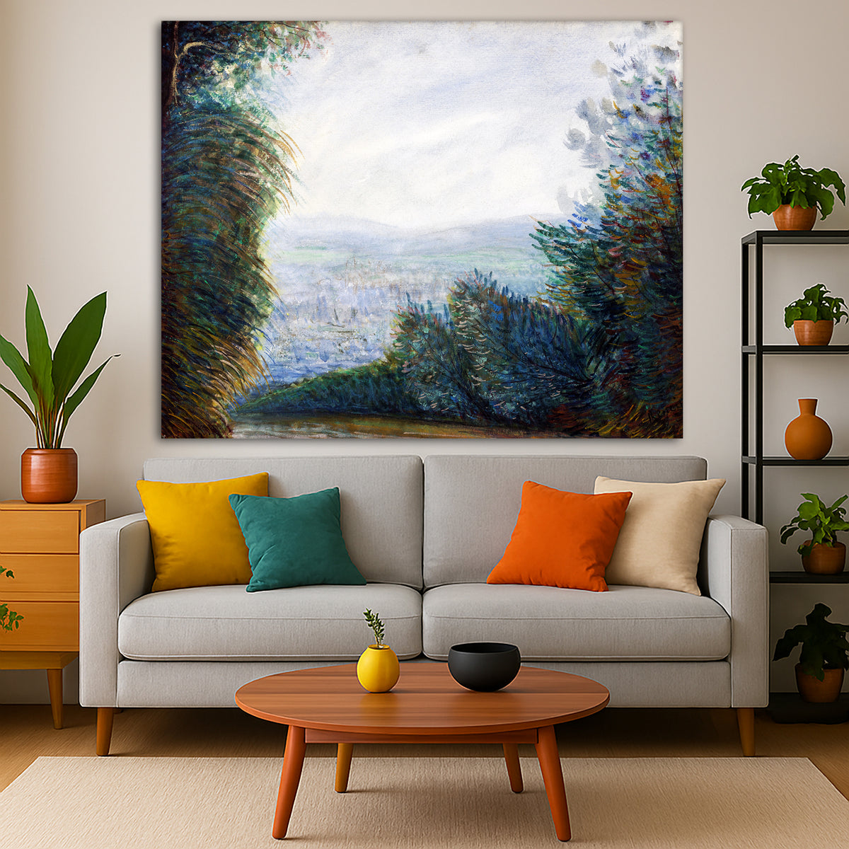 Pierre-Auguste Renoir - Valley of Auvers Oise River Giclée canvas print displayed in a modern living room interior