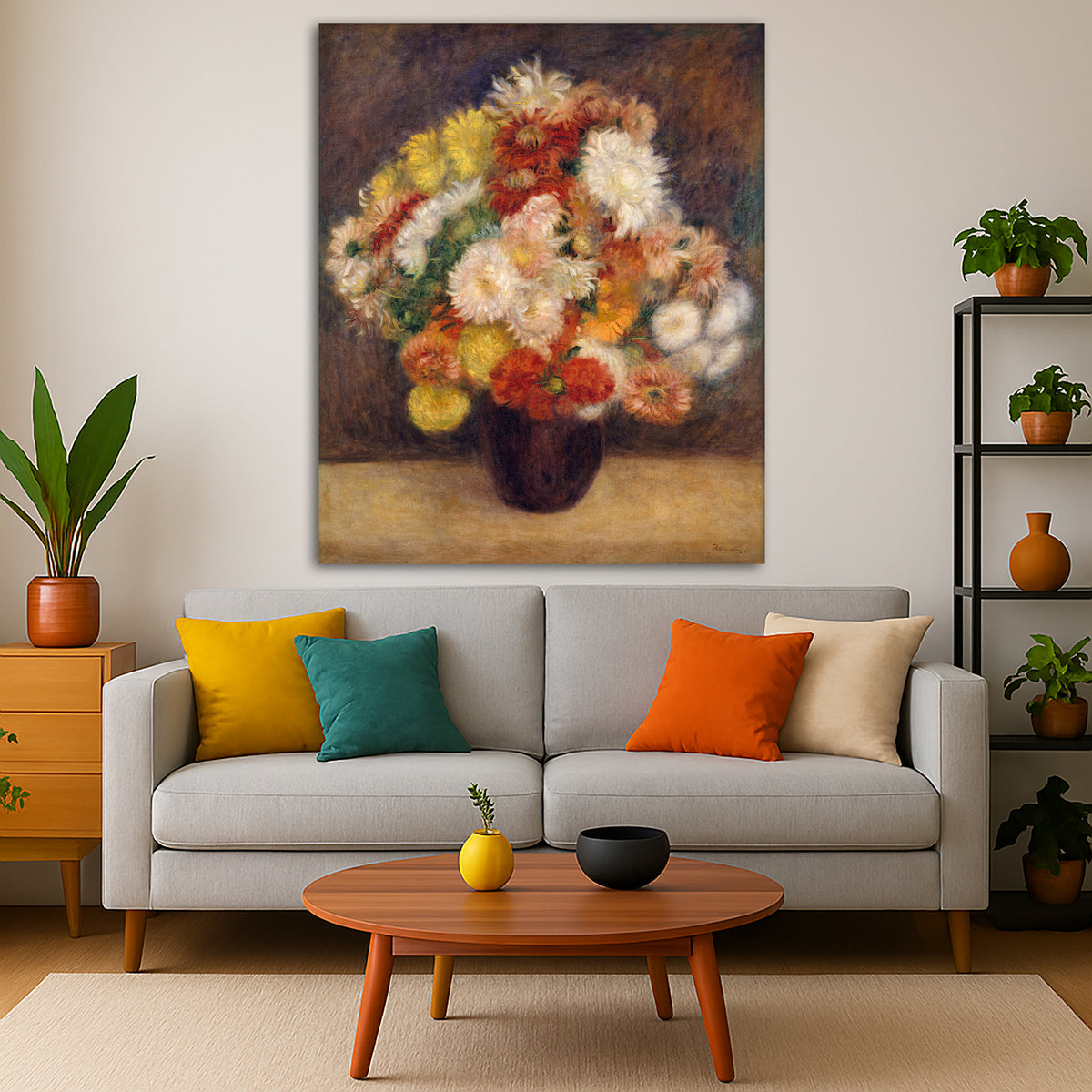 Pierre-Auguste Renoir - Bouquet of Chrysanthemums Giclée canvas print displayed in a modern living room interior