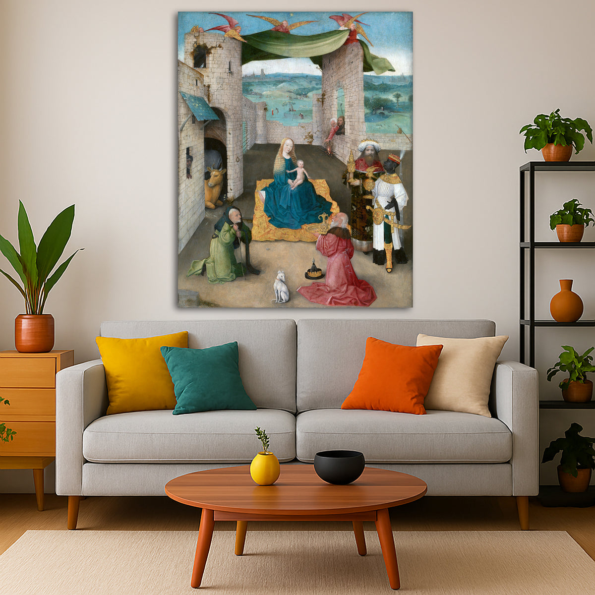 Hieronymus Bosch - Adoration of Magi Giclée canvas print displayed in a modern living room interior