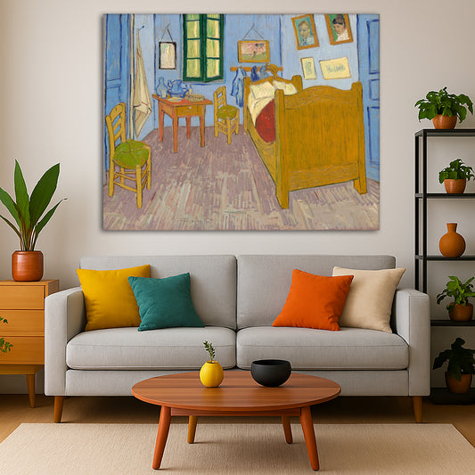 Vincent van Gogh - Bedroom in Arles Giclée canvas print displayed in a modern living room interior