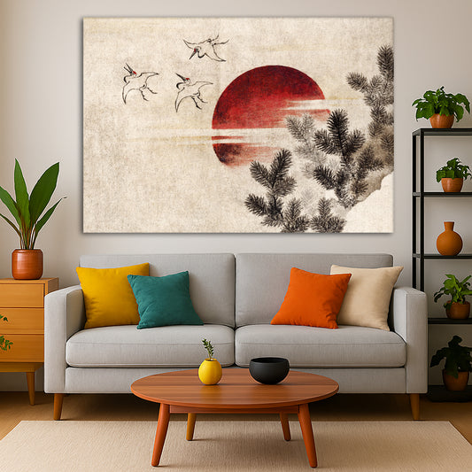 Katsushika Hokusai - Birds and Sunset Giclée canvas print displayed in a modern living room interior