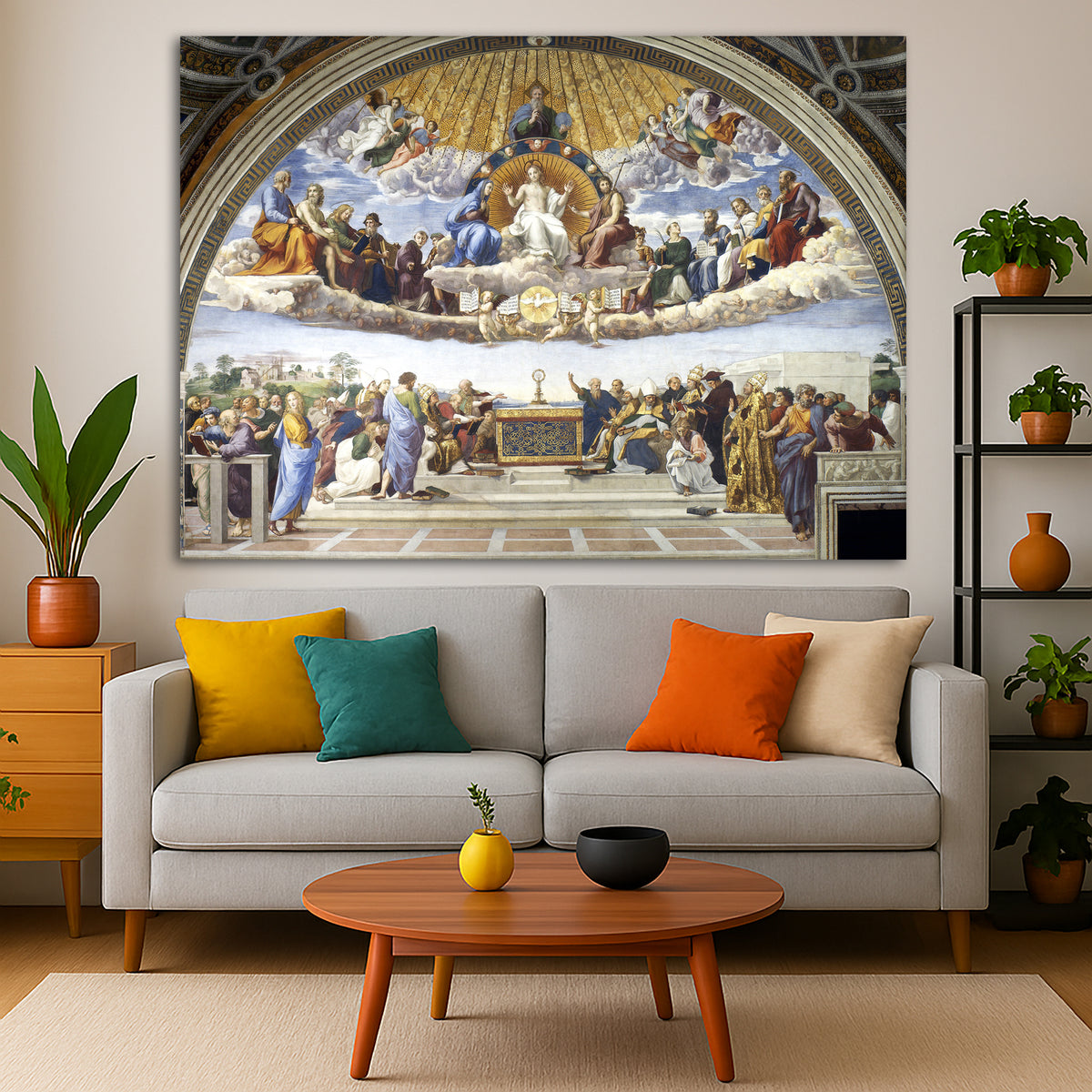 Raphael - Disputa del Sacramento Giclée canvas print displayed in a modern living room interior