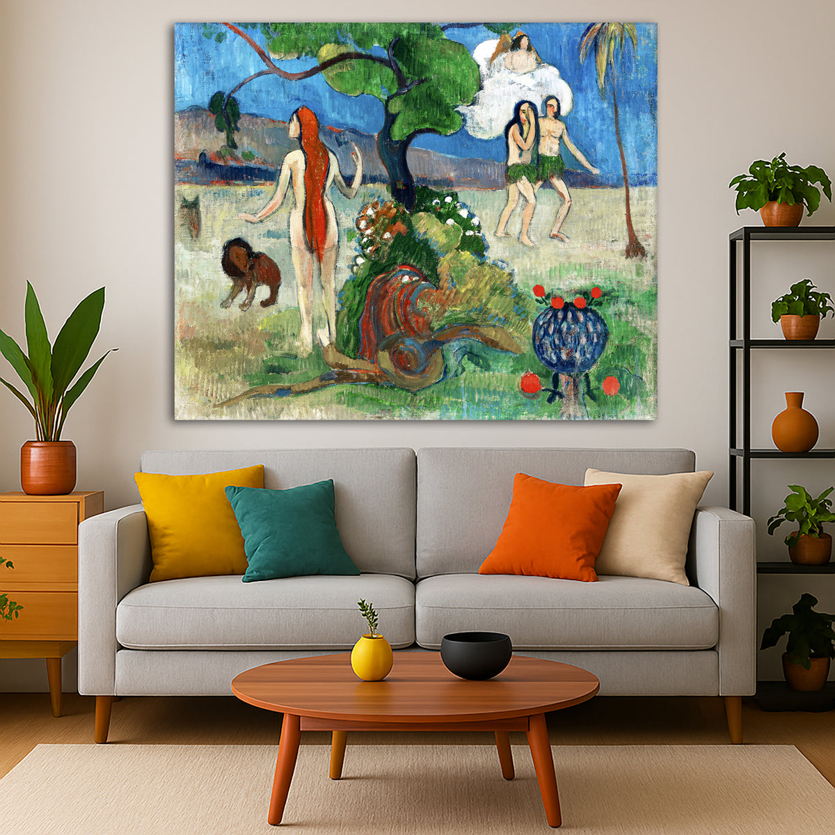 Paul Gauguin - Paradise Lost Adam and Eve Giclée canvas print displayed in a modern living room interior
