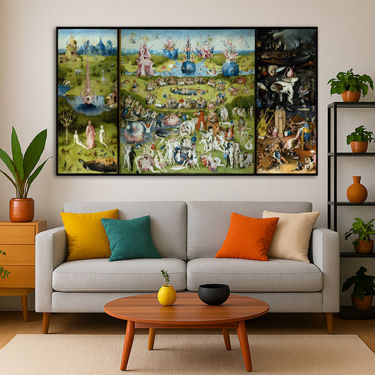 Hieronymus Bosch - Earthly Delights Giclée canvas print displayed in a modern living room interior