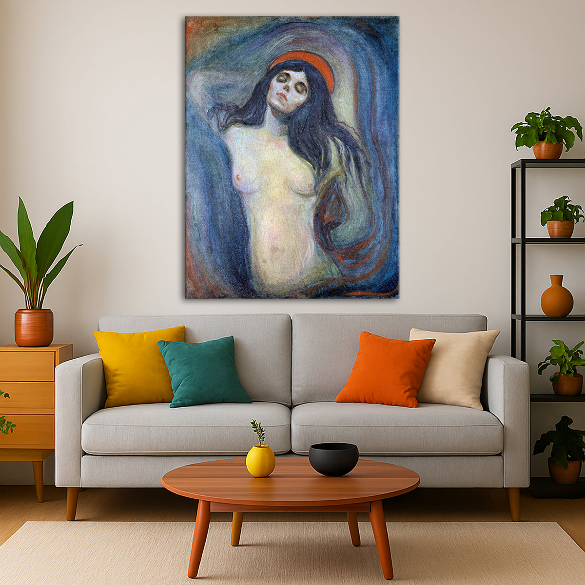 Edvard Munch - Madonna Giclée canvas print displayed in a modern living room interior