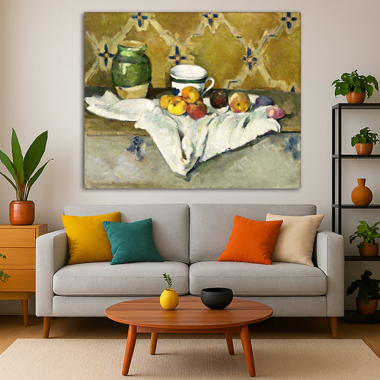 Paul Cézanne - Still Life with Pot, Cup, and Apples Giclée canvas print displayed in a modern living room interior