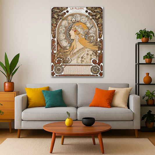 Alphonse Mucha - – La Plume Giclée canvas print displayed in a modern living room interior