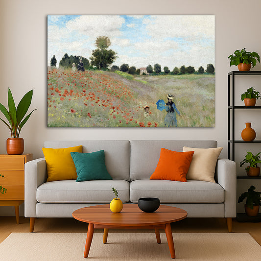 Claude Monet - Poppy Field Giclée canvas print displayed in a modern living room interior