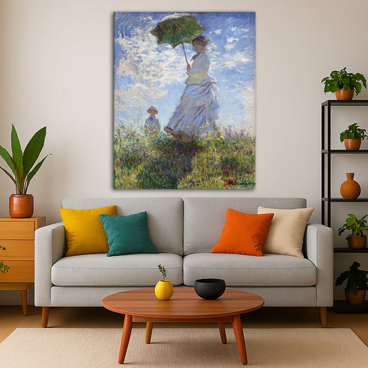 Claude Monet - Woman with Parasol Giclée canvas print displayed in a modern living room interior