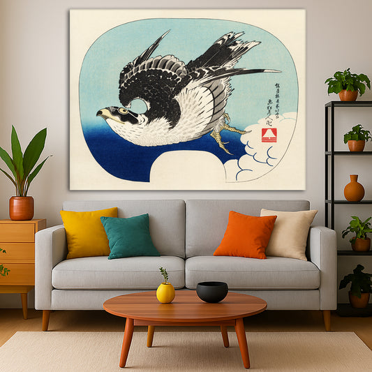 Katsushika Hokusai - Falcon Giclée canvas print displayed in a modern living room interior
