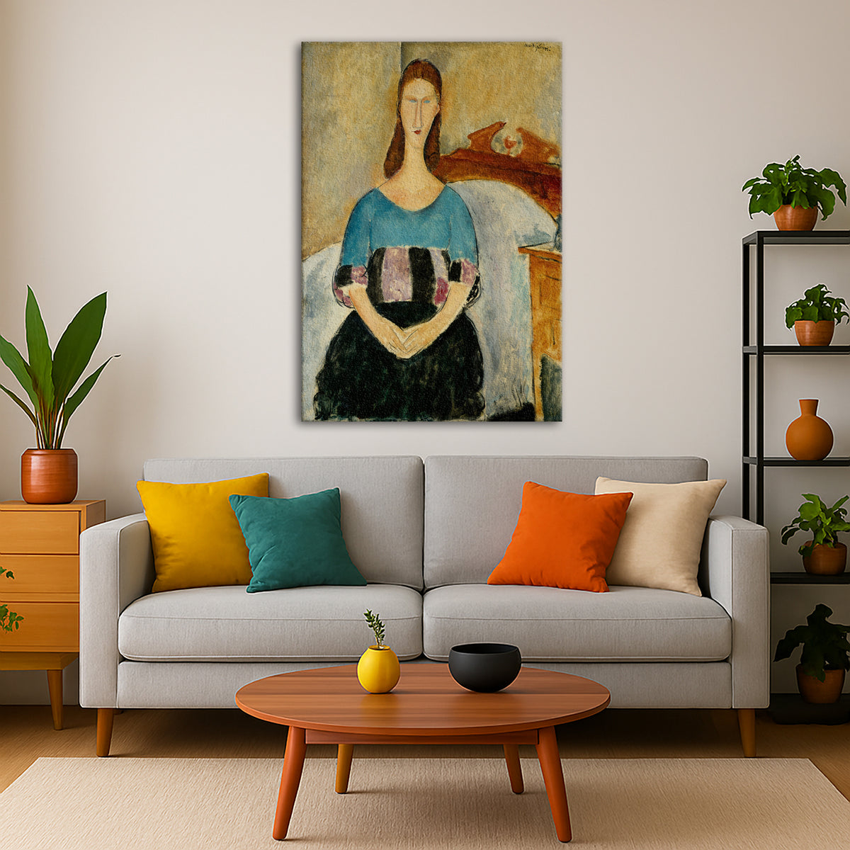 Amedeo Modigliani - Jeanne Hebuterne Seated Giclée canvas print displayed in a modern living room interior