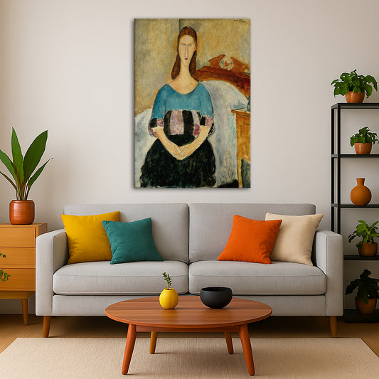 Amedeo Modigliani - Jeanne Hebuterne Seated Giclée canvas print displayed in a modern living room interior