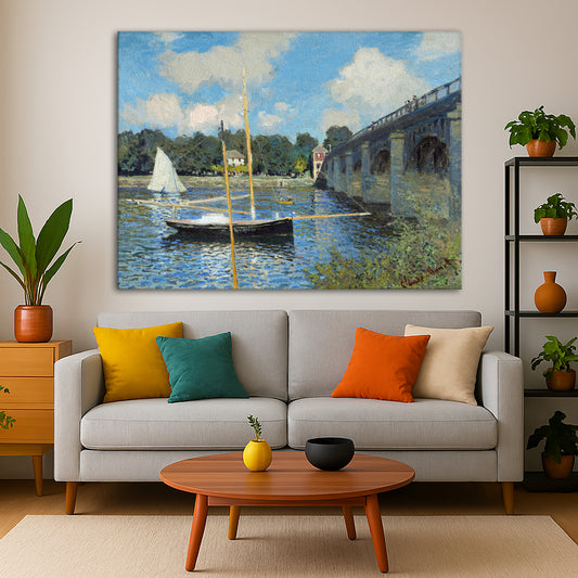 Claude Monet - Bridge at Argenteuil Giclée canvas print displayed in a modern living room interior