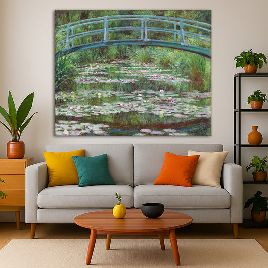 Claude Monet - Japanese Bridge Giclée canvas print displayed in a modern living room interior