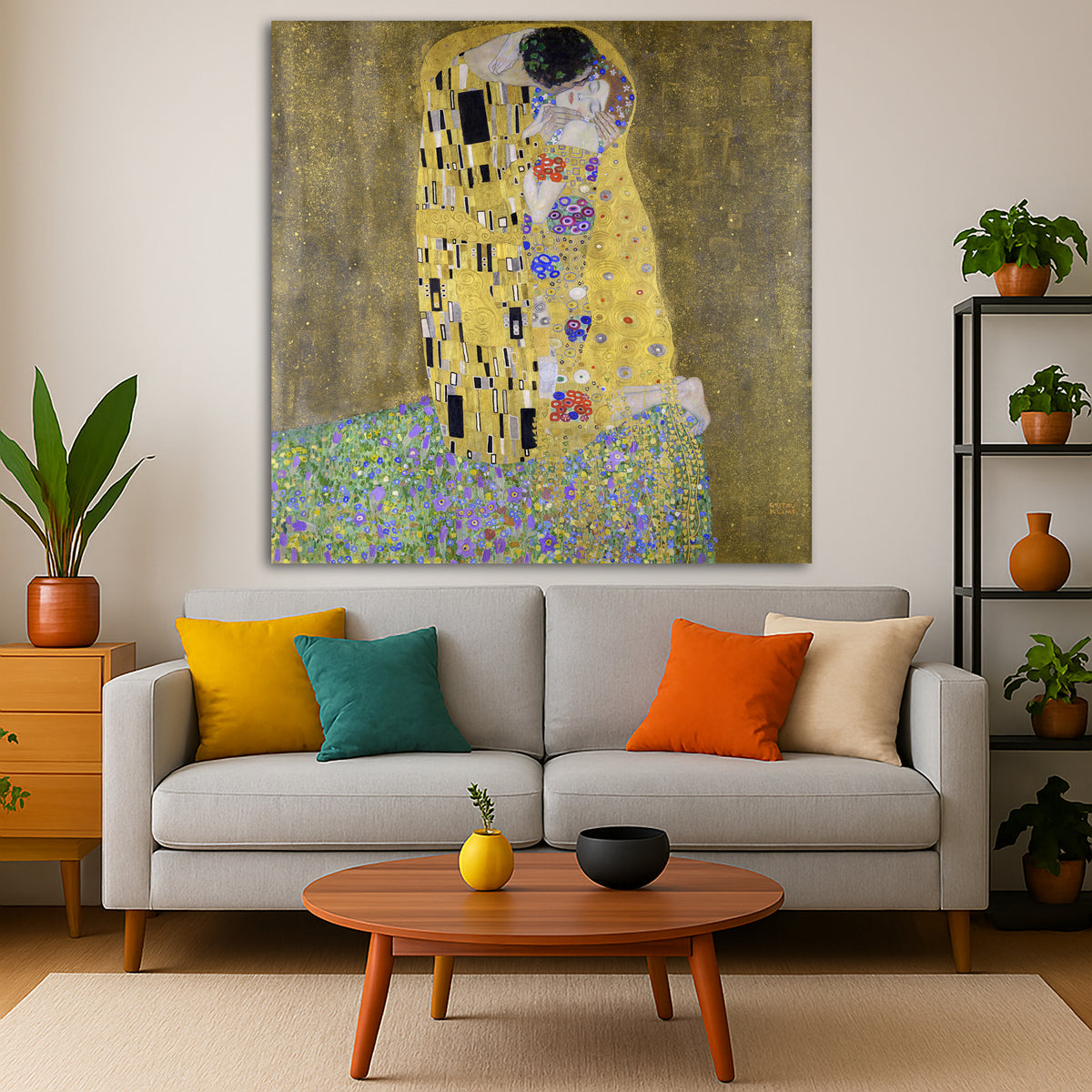 Gustav Klimt - The Kiss Giclée canvas print displayed in a modern living room interior