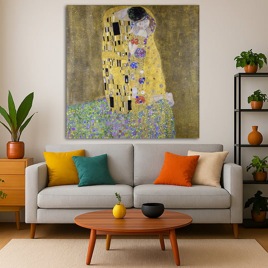 Gustav Klimt - The Kiss Giclée canvas print displayed in a modern living room interior