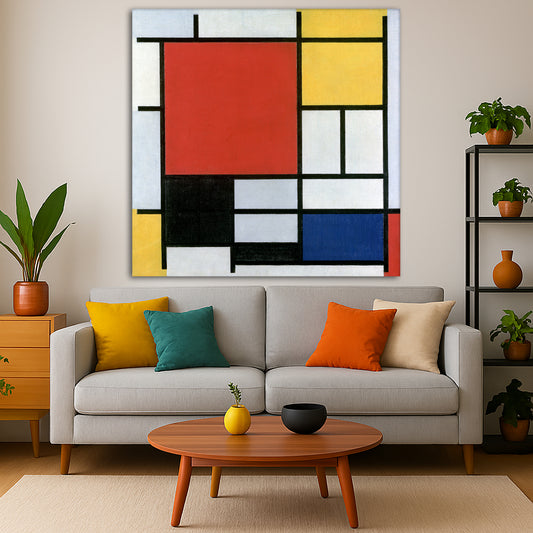 Piet Mondrian - Composition with Red, Yellow, Blue and Black Giclée canvas print displayed in a modern living room interior