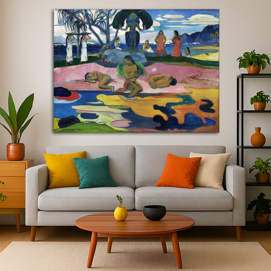Paul Gauguin - Day of the God Mahana no Atua Giclée canvas print displayed in a modern living room interior