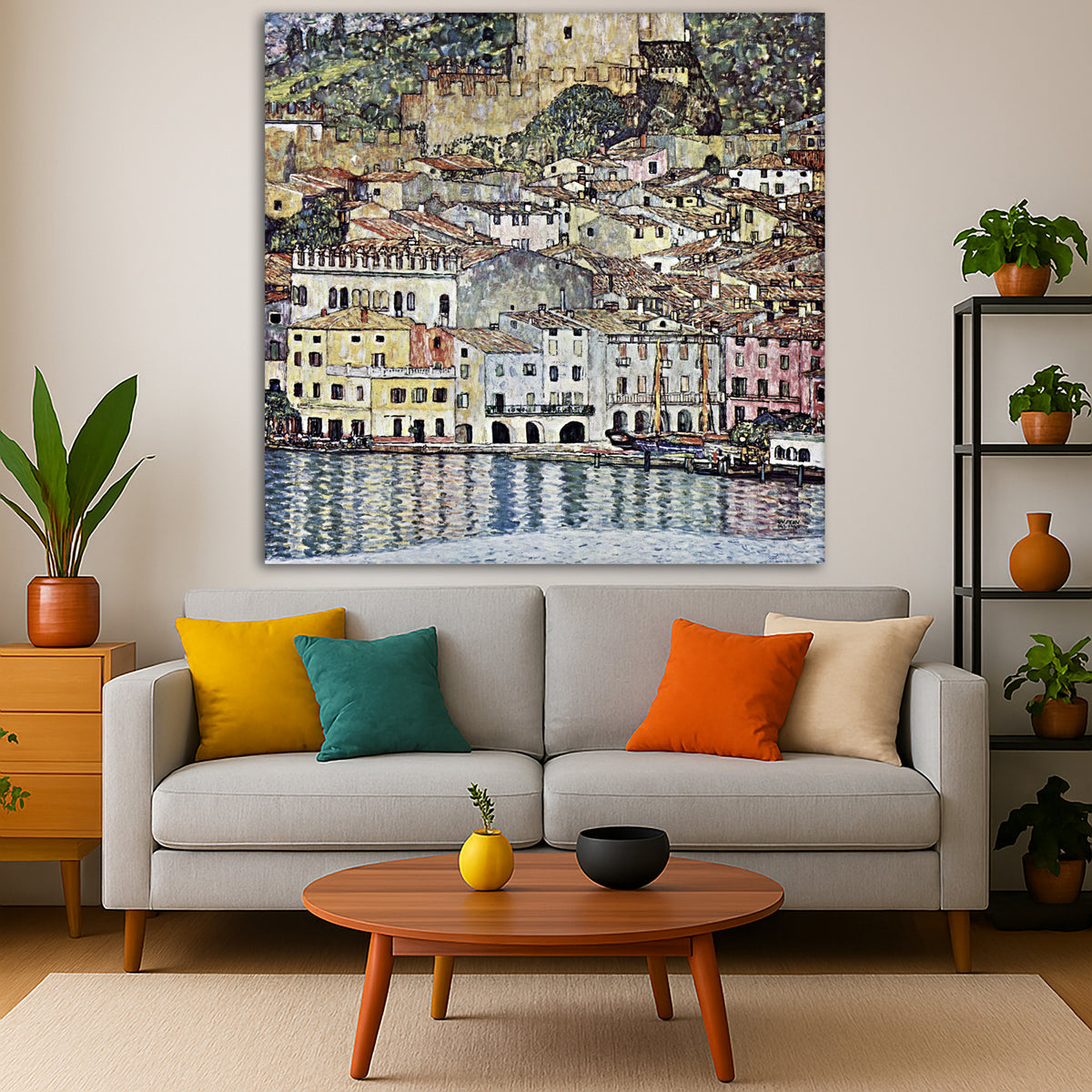 Gustav Klimt - Malcesine on Lake Garda Giclée canvas print displayed in a modern living room interior