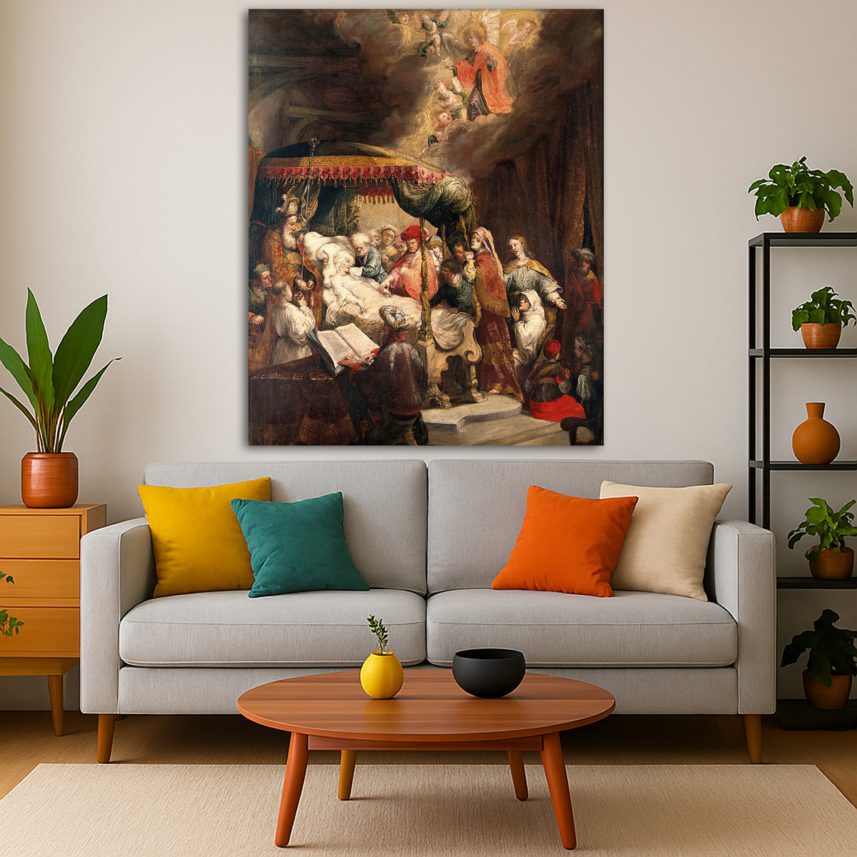 Rembrandt van Rijn - Death of the Virgin Giclée canvas print displayed in a modern living room interior