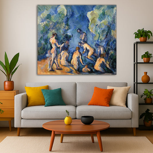 Paul Cézanne - Seven Bathers Giclée canvas print displayed in a modern living room interior