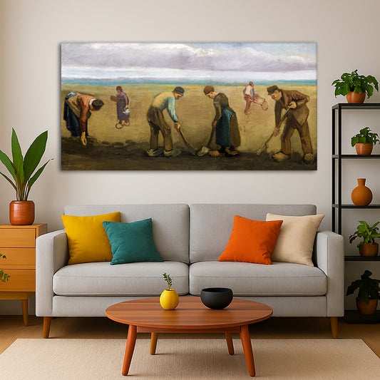 Vincent van Gogh - Peasants Planting Potatoes Giclée canvas print displayed in a modern living room interior