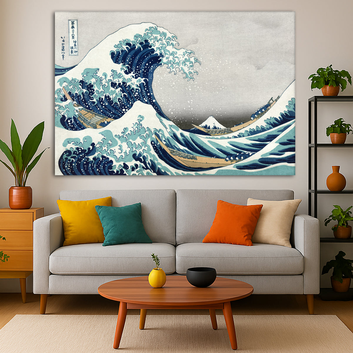 Katsushika Hokusai - The Great Wave off Kanagawa Giclée canvas print displayed in a modern living room interior