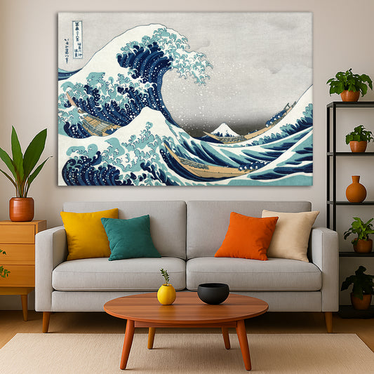 Katsushika Hokusai - The Great Wave off Kanagawa Giclée canvas print displayed in a modern living room interior