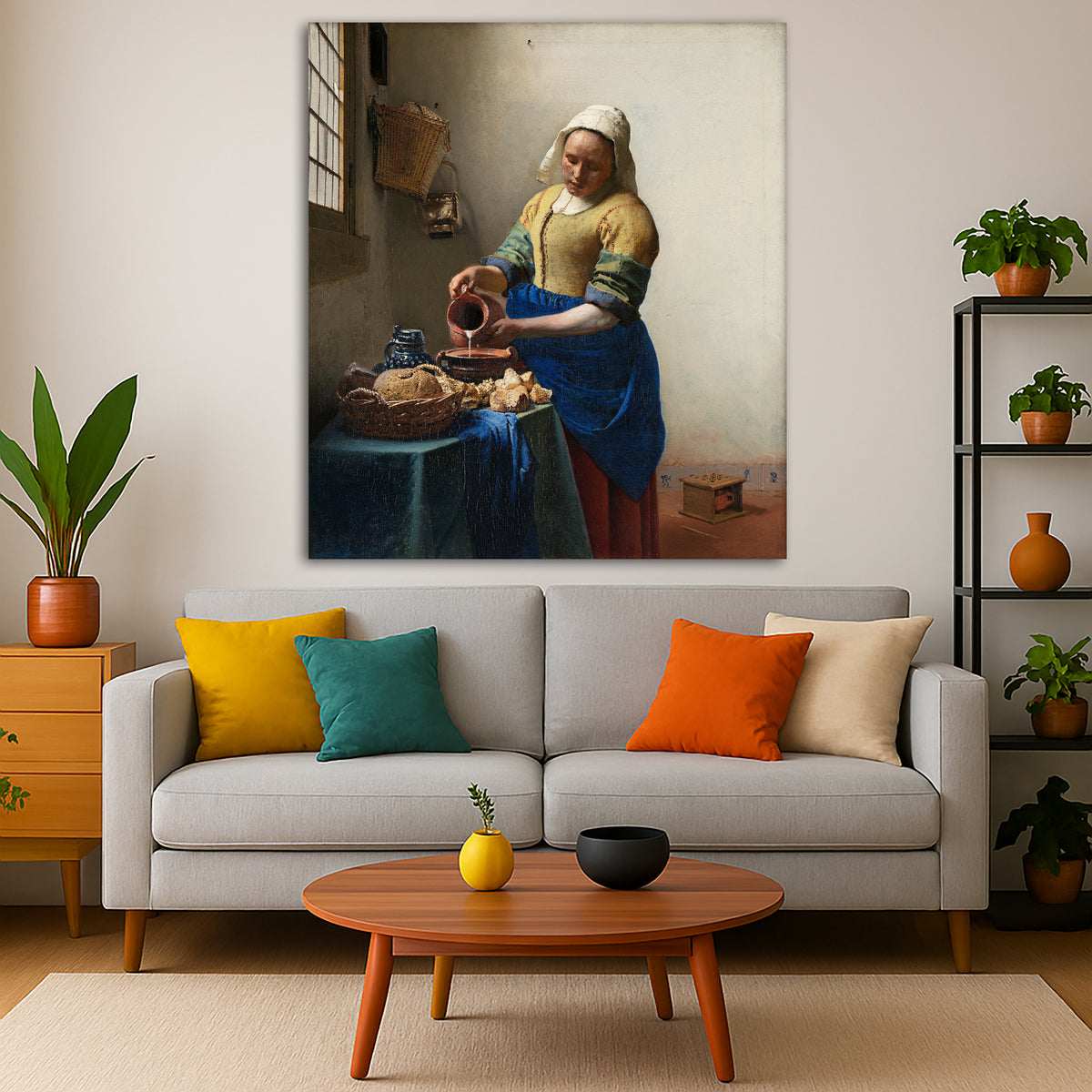 Jan Vermeer - The Milkmaid Giclée canvas print displayed in a modern living room interior