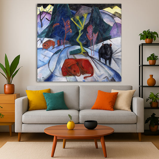 Franz Marc - Red Bison in Winter Giclée canvas print displayed in a modern living room interior