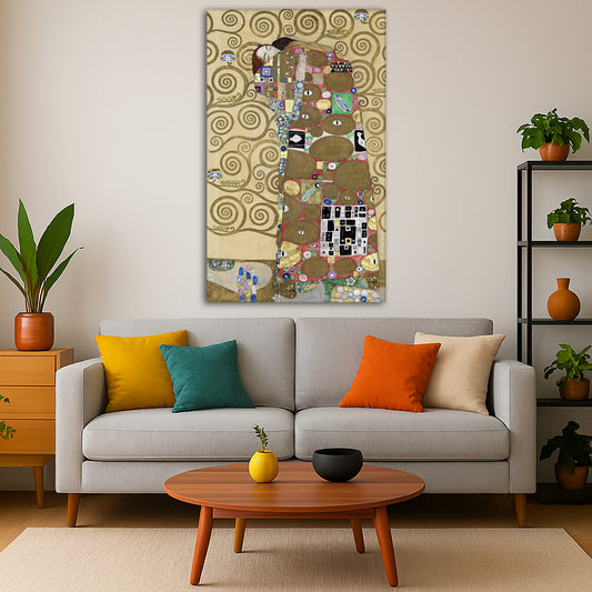 Gustav Klimt - Fulfillment Giclée canvas print displayed in a modern living room interior