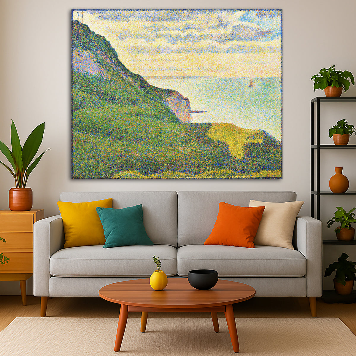Georges Seurat - Seascape at Port-en-Bessin, Normandy Giclée canvas print displayed in a modern living room interior