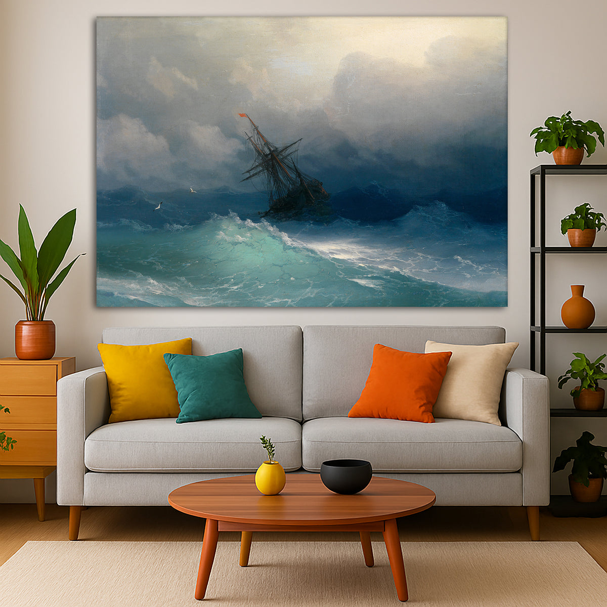 Ivan Aivazovsky - Stormy Sea Giclée canvas print displayed in a modern living room interior