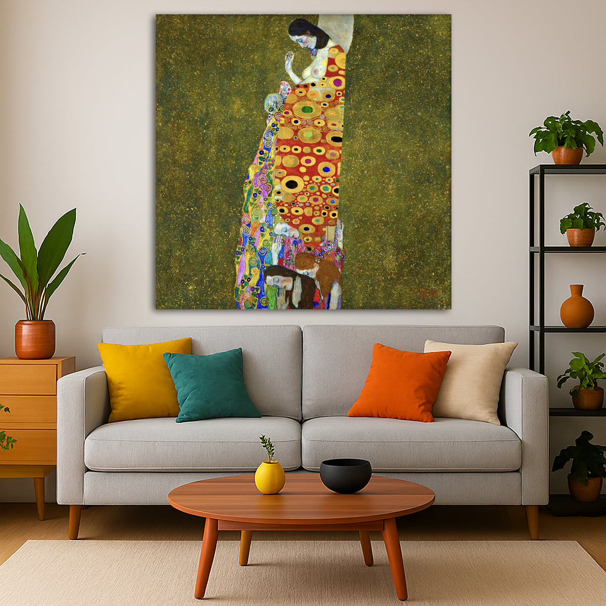 Gustav Klimt - Hope II Giclée canvas print displayed in a modern living room interior