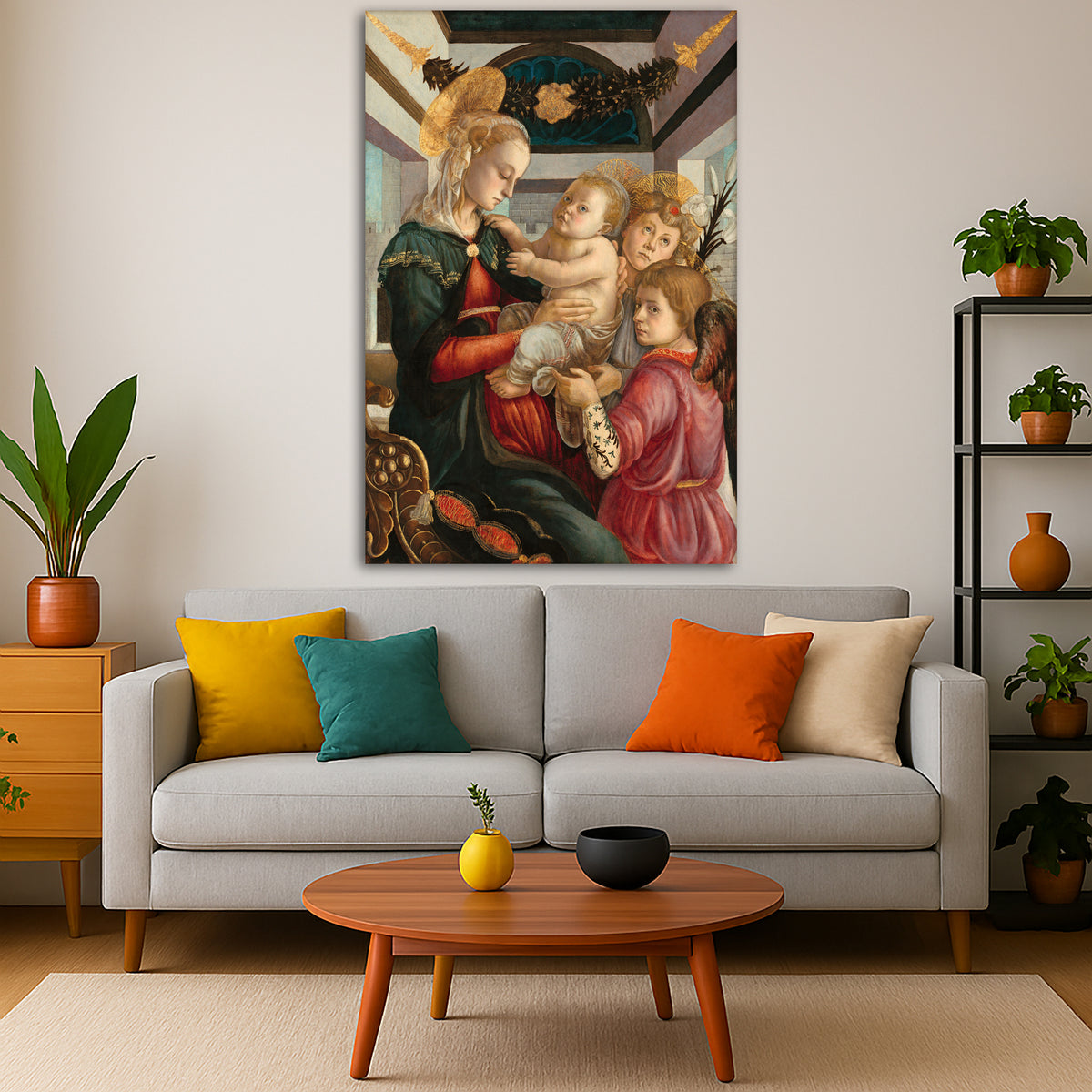 Sandro Botticelli - Madonna and Child with Angels Giclée canvas print displayed in a modern living room interior