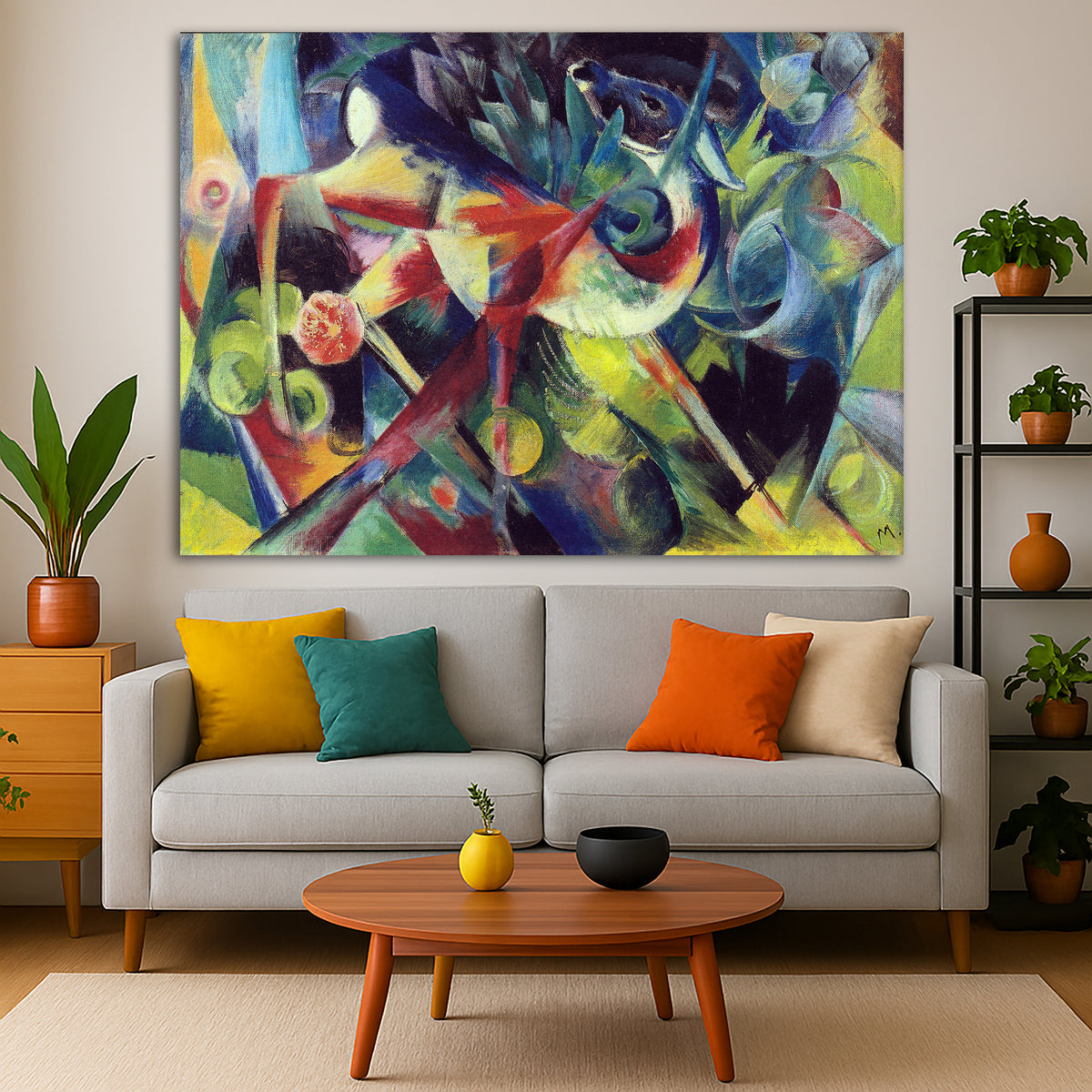 Franz Marc - Deer in a Flower Garden Giclée canvas print displayed in a modern living room interior