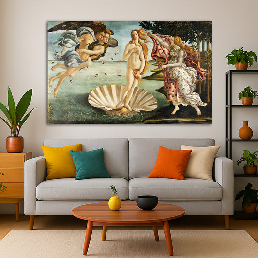 Sandro Botticelli - The Birth of Venus Giclée canvas print displayed in a modern living room interior