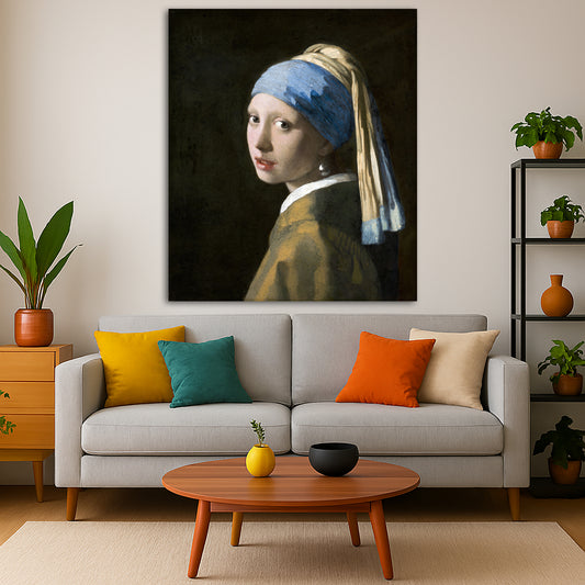 Jan Vermeer - Girl with a Pearl Earring Giclée canvas print displayed in a modern living room interior