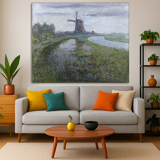 Piet Mondrian - Windmill by Moonlight Giclée canvas print displayed in a modern living room interior