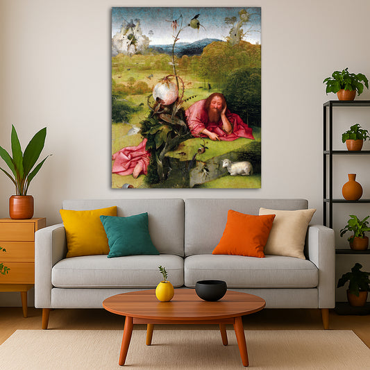 Hieronymus Bosch - St. John the Baptist in the Wilderness Giclée canvas print displayed in a modern living room interior