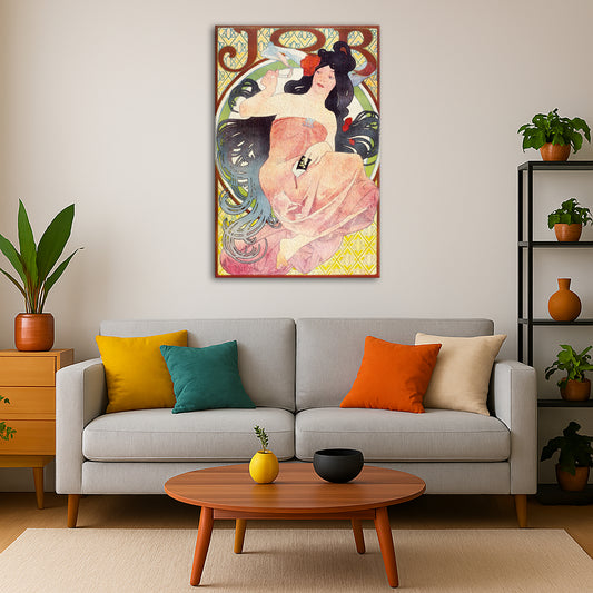 Alphonse Mucha - – Job Cigarettes Poster Giclée canvas print displayed in a modern living room interior